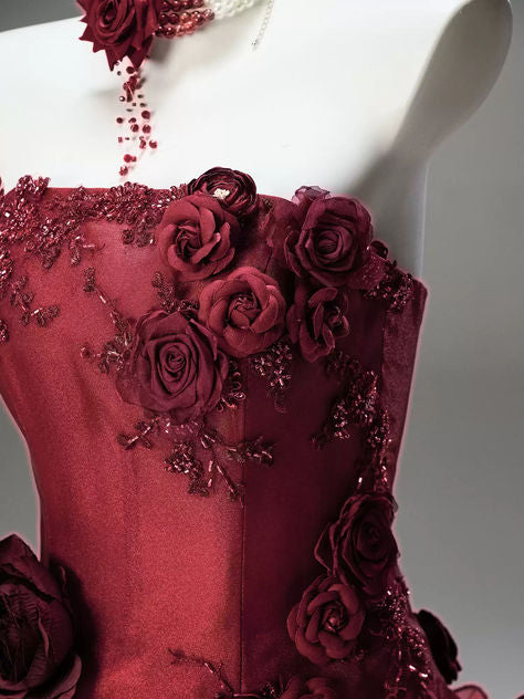 Robe de bal NiceVestidos - Bordeaux, tulle floral 3D, bustier, sans manches, traîne longue NV6181
