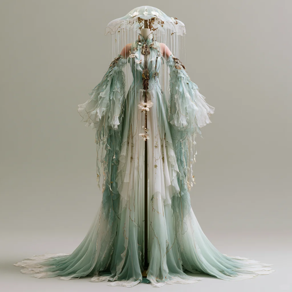 Light Sage Green Chinese Style Jellyfish Organza Gown with Stand Collar and Wide Sleeves NV7492
