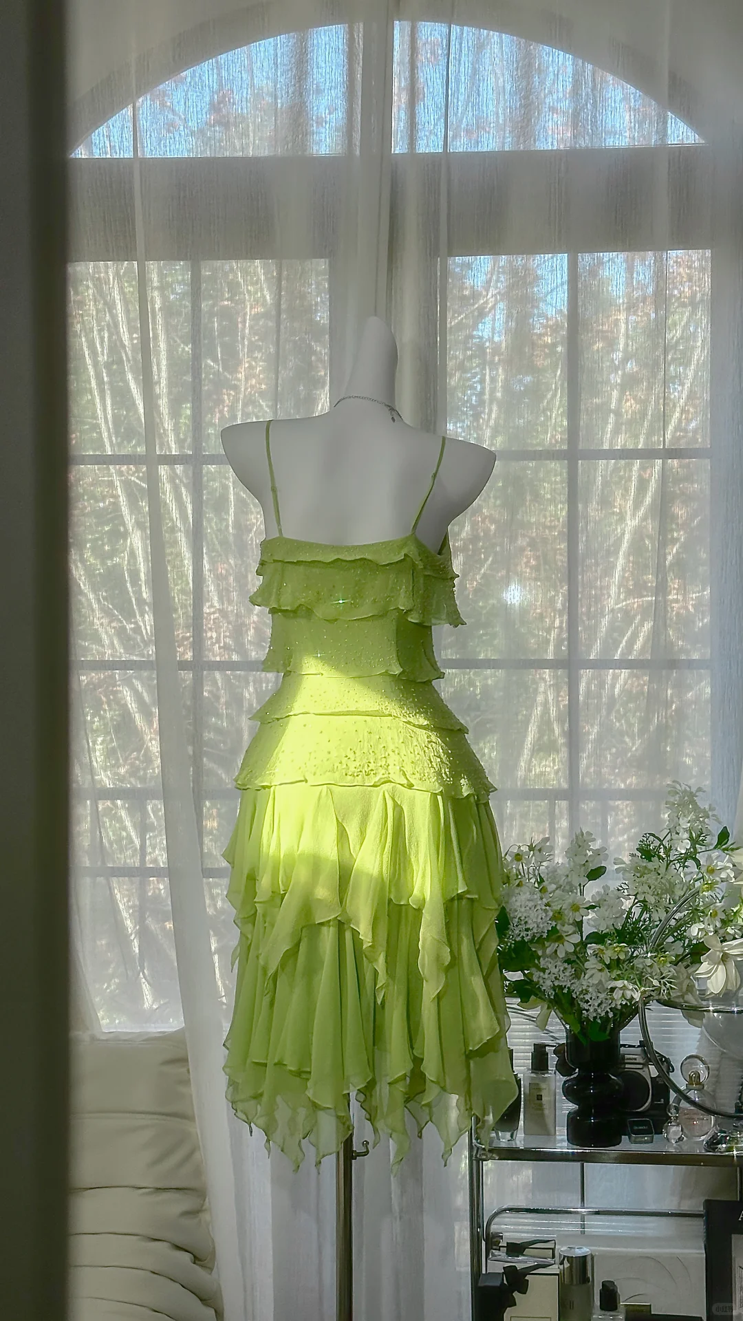 Light Green Spaghetti Straps Tiered Chiffon Short Formal Dress With Sparkle Beads Irregular Flowy Skirt NV6887