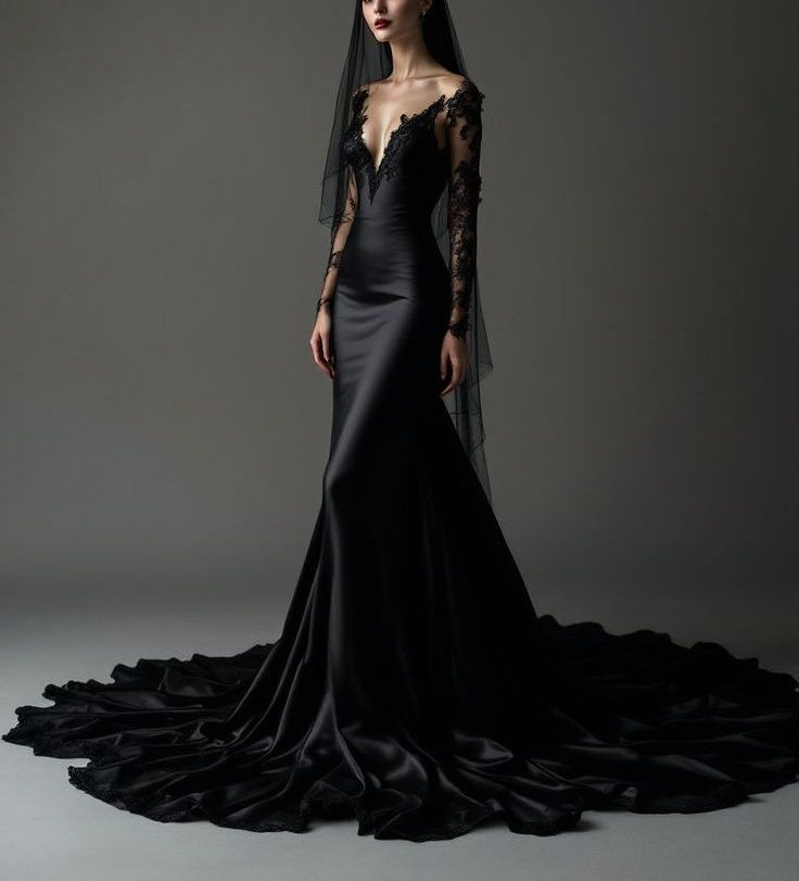 NiceVestidos - Robe de bal/de soirée élégante en satin noir avec longue traîne NV6024
