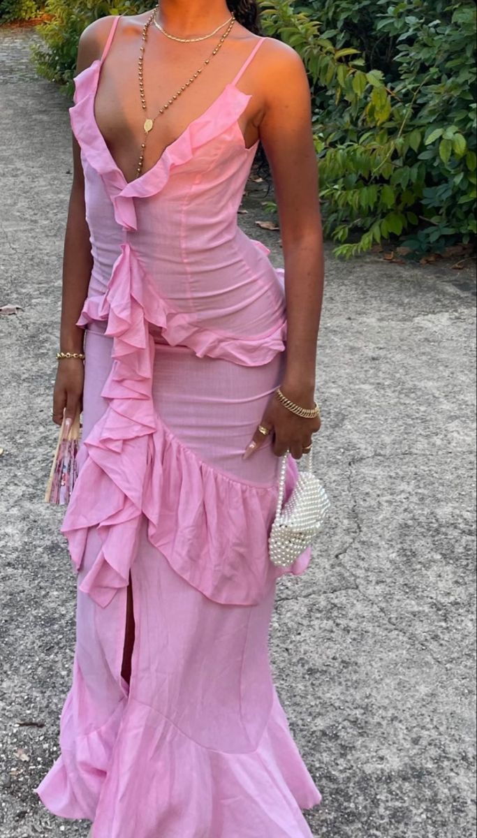 Pink ruffled chiffon elegant long spaghetti strap prom dress wedding guest dress nv5202