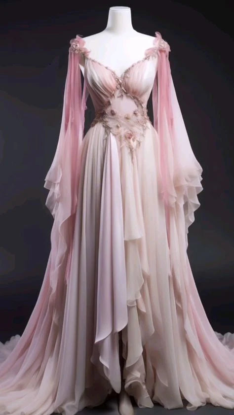 Robe de mariée de style féerique, dégradé rose-abricot, en tulle à manches longues et traîne - Robe de mariée printanière NV6379