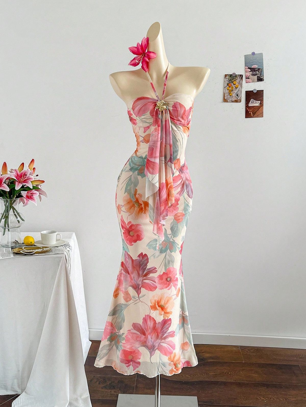 NiceVestidos - Robe de soirée longue en mousseline rose à fleurs NV5965