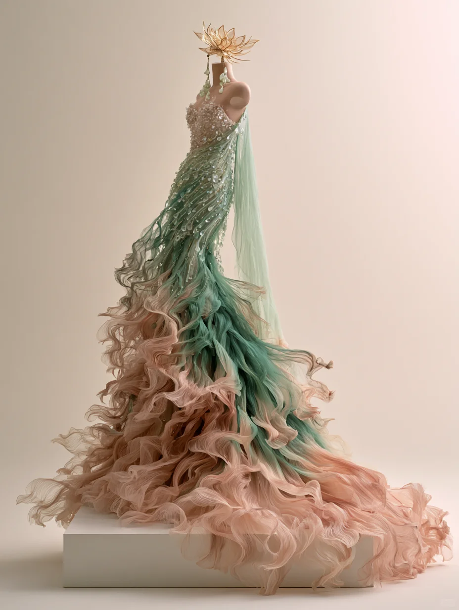 Mint Green Peach Pink Gradient Strapless Crystal Mermaid Gown NV7480
