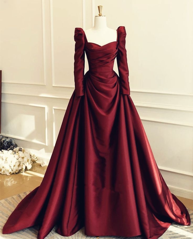 Red vintage fashion long sleeves elegant long satin floor length ball gown evening dress party dress nv3547