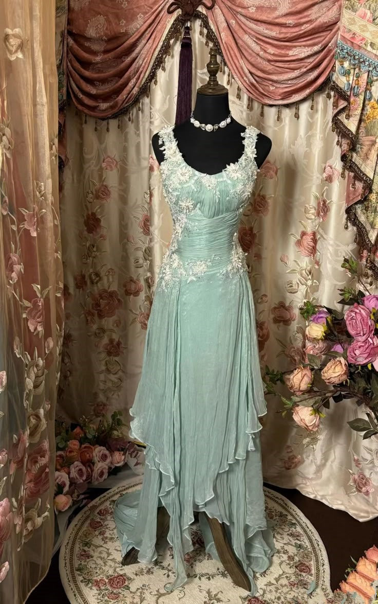 Mint Green Delicate Lace Elegant Long Tulle Prom Gown Evening Dress Party Dress nv4158