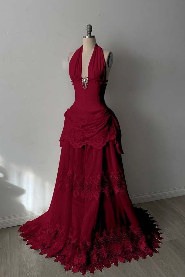 Robe longue rouge en dentelle délicate NV6688