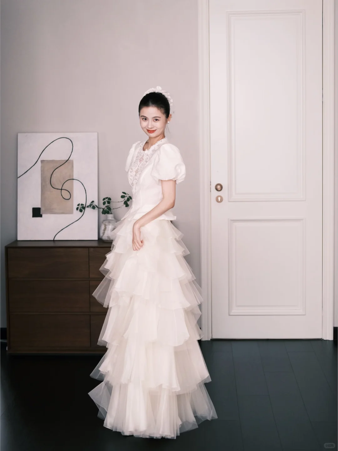 Vintage Tiered Tulle Wedding Dress Ivory Puff Sleeve Lace Bridal Gown NV7252
