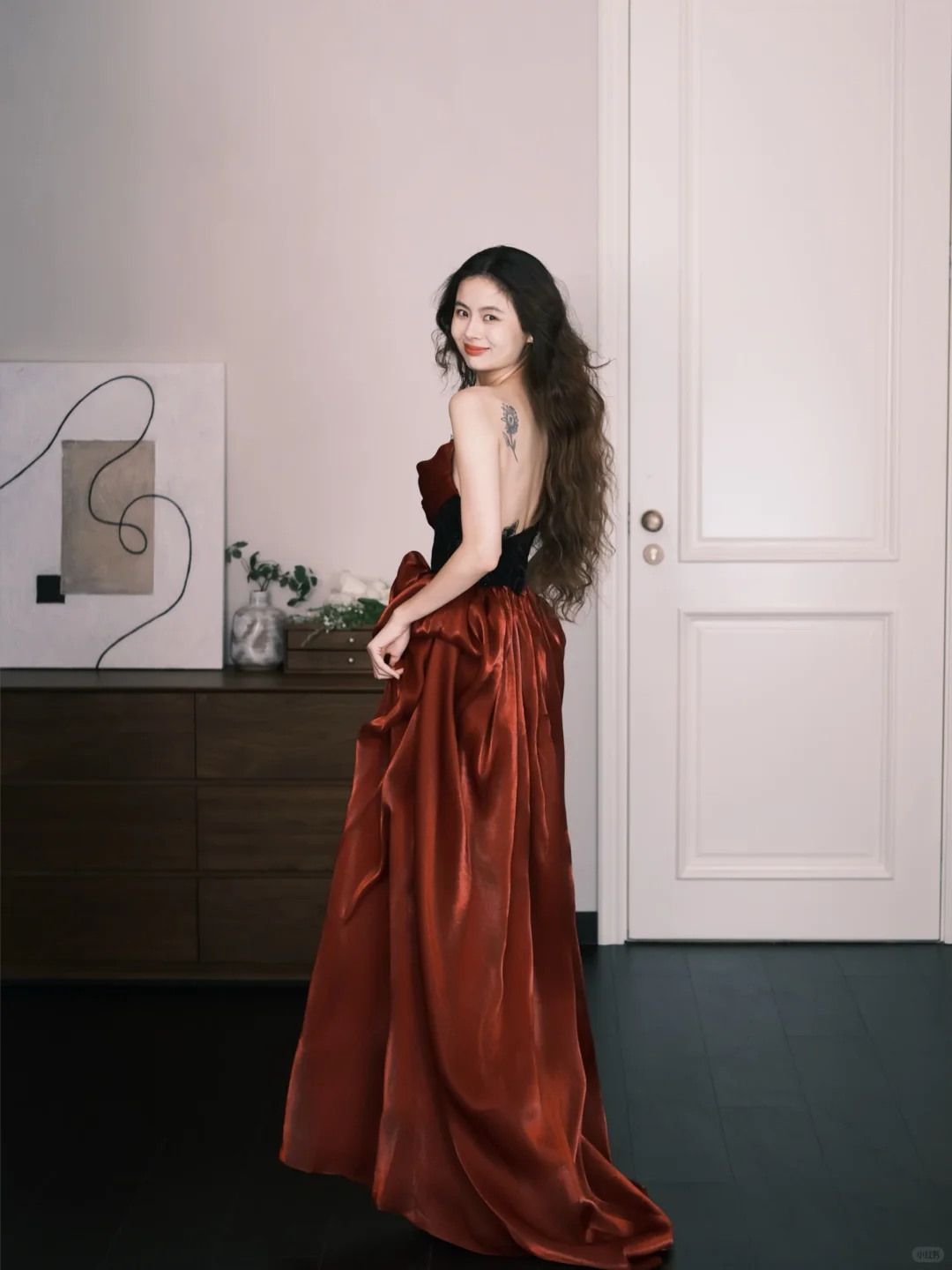 Burgundy Strapless Lace Waist Satin Evening Ball Gown NV7324