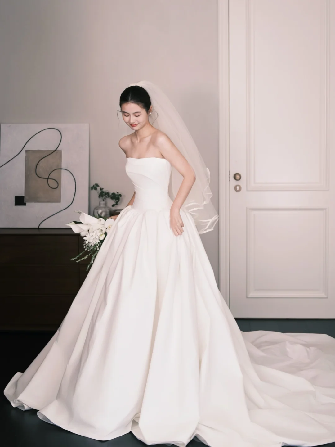 Strapless Draped Satin Wedding Gown, A Line Ballgown with Long Train NV7356