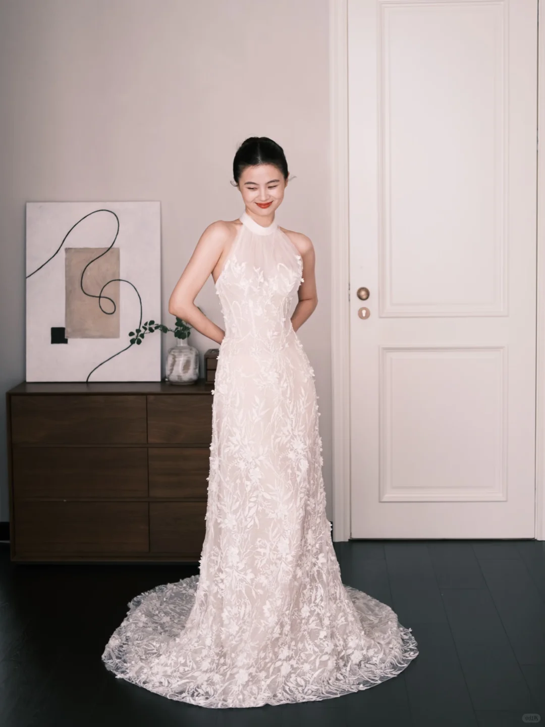 White Halter High Neck Lace Mermaid Wedding Dress NV7235