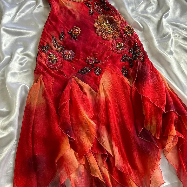 🌺✨Red exquisite beaded elegant retro long chiffon prom dress party dress nv5351