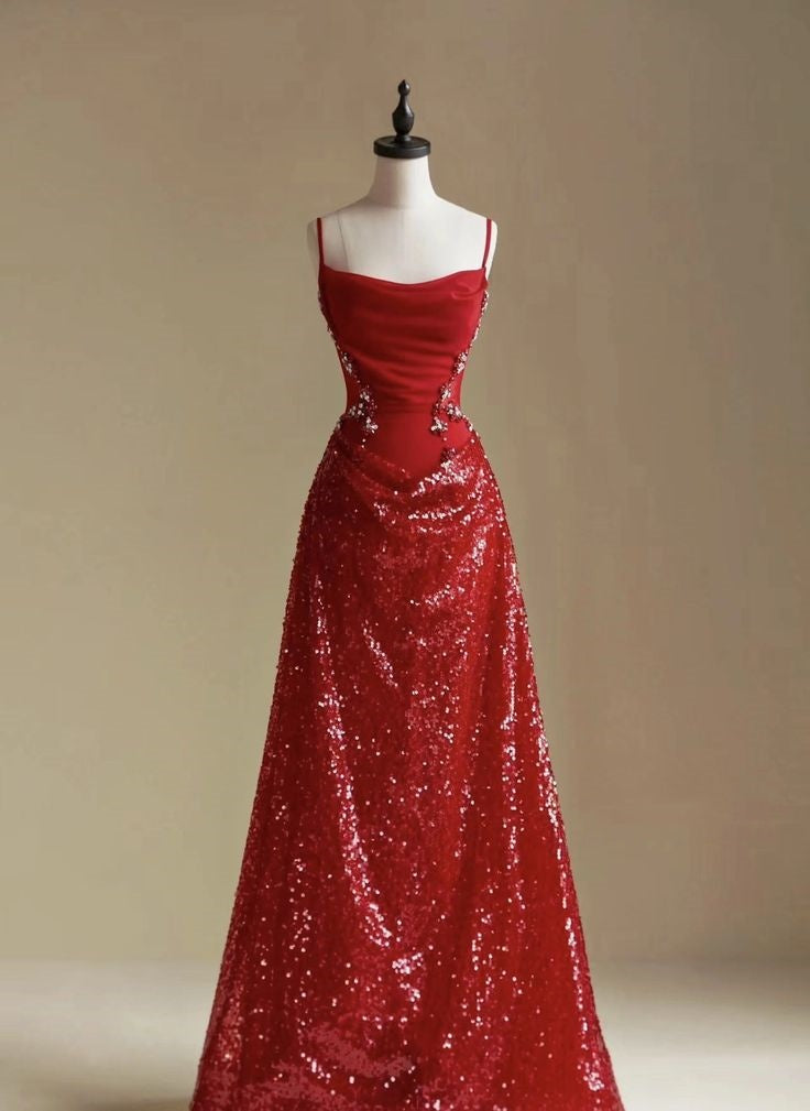 Burgundy Fashion Shiny Elegant Exquisite Beaded Spaghetti Strap Long Sequined Ball Gown Evening Dress nv3593