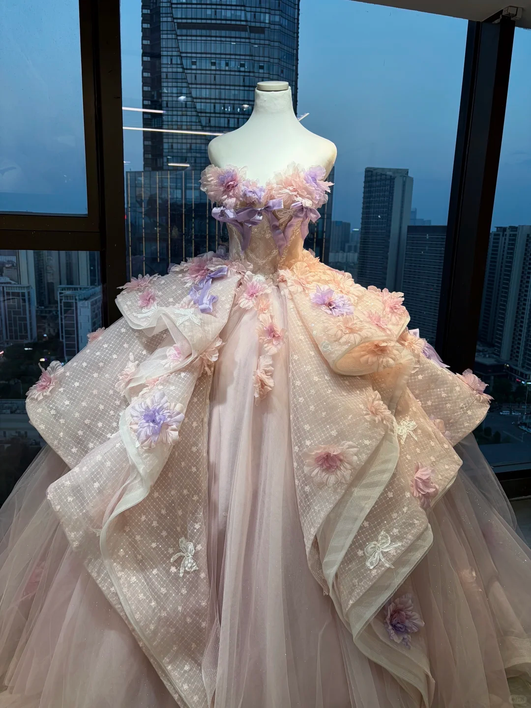 Pink Lavender Strapless Ball Gown 3D Floral Satin Bow Lace Corset Fairy Prom Dress NV6950