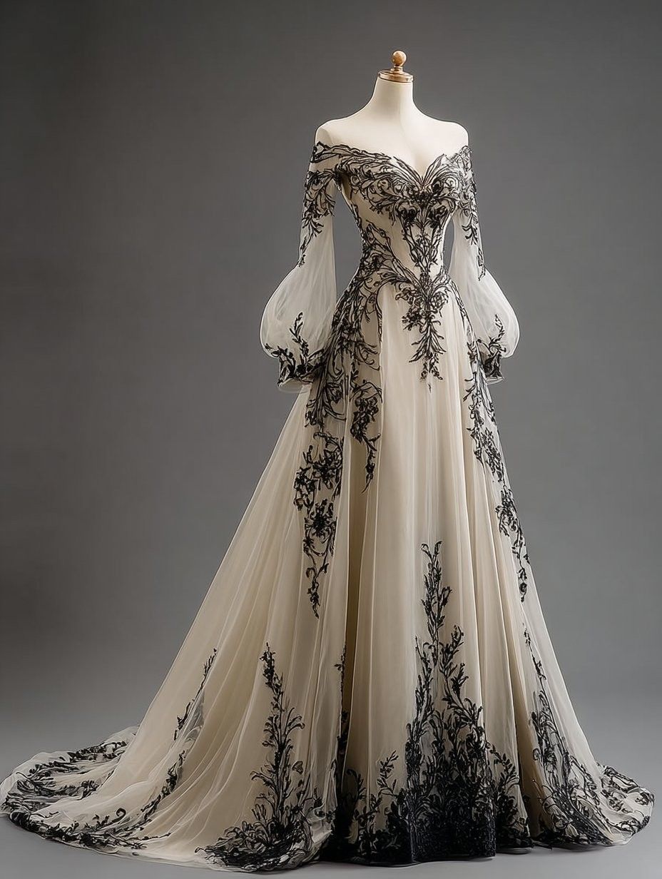 Robe gothique longue en tulle et dentelle à panneaux noirs et blancs, épaules dénudées, manches lanternes, modèle NiceVestidos NV6203
