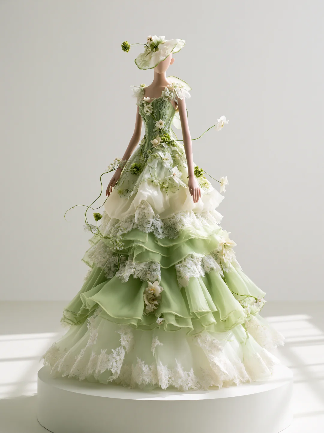 Spaghetti Strap Green Fairy Evening Gown, Cascading 3D Flowers, Ruffled Organza Lace Ball Gown for Photoshoot NV7468