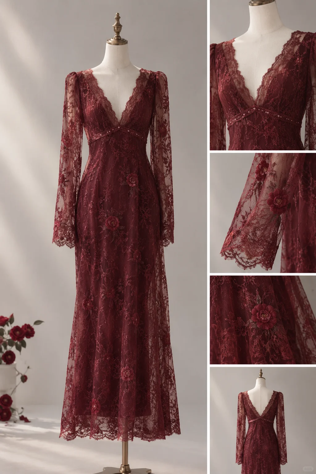 Burgundy Lace Mermaid Prom Dress, V Neck Long Sleeve with 3D Rose Flower Appliques NV7449
