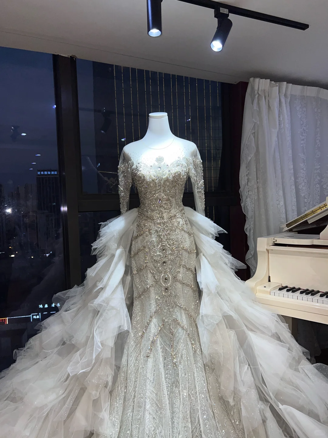Long Sleeve Beaded Mermaid Wedding Gown, Detachable Cloud Tulle Overskirt Bridal Dress NV7099