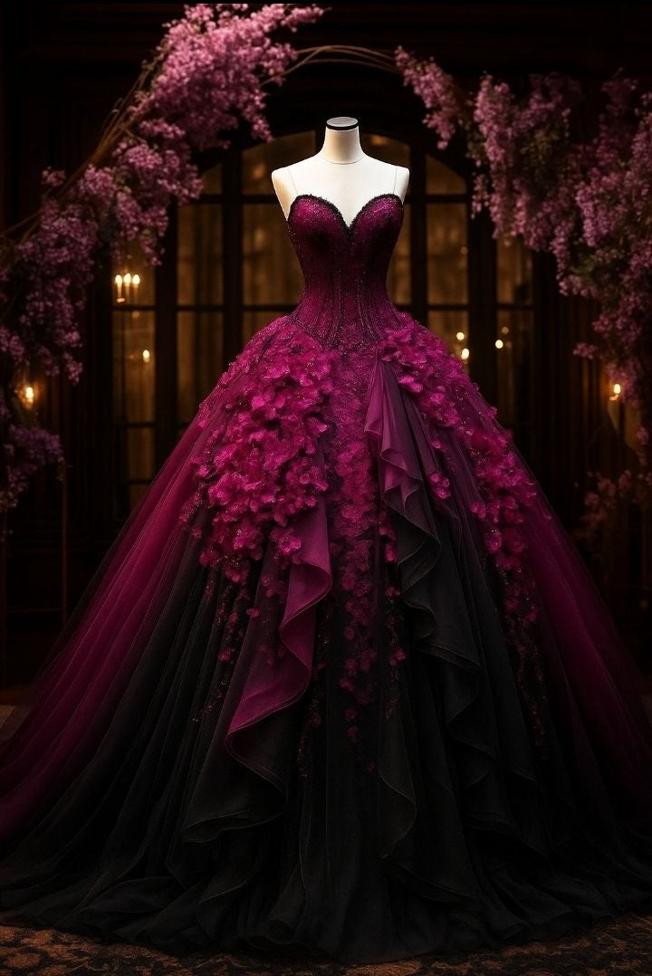 Robe de soirée NiceVestidos - Tulle dégradé violet-noir, sans bretelles, à motif floral 3D et traîne au sol NV6161