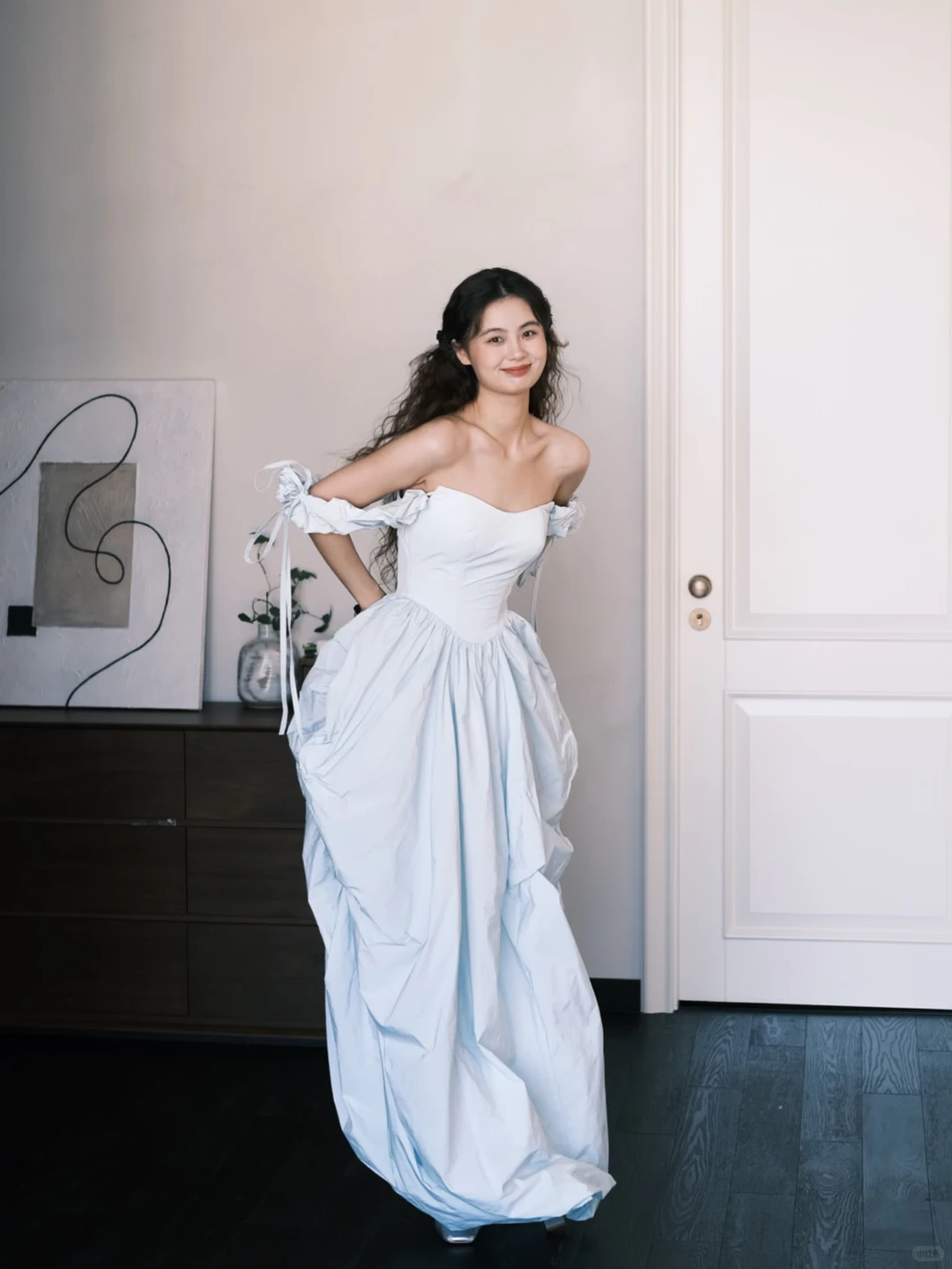 Light Blue Off Shoulder Detachable Puff Sleeve Prom Ball Gown NV7372