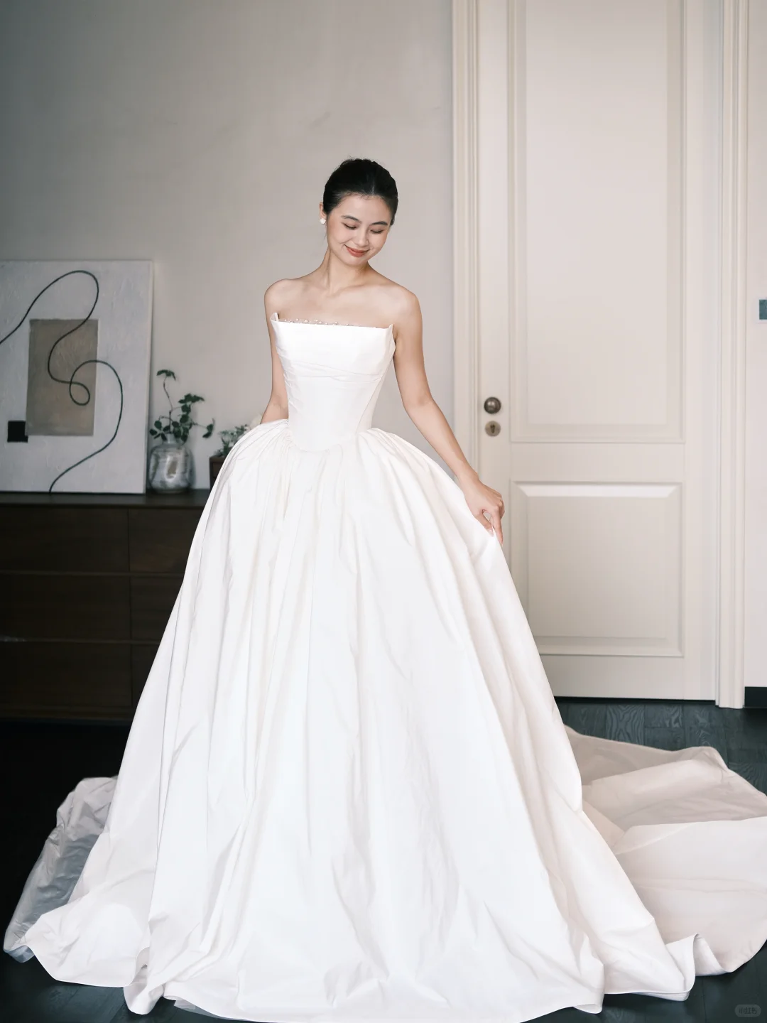 Strapless Boned Satin Ballgown Wedding Dress with Pearl Detail NV7386