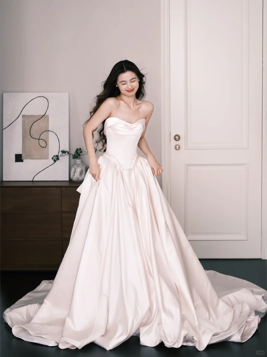 Light Blush Pink Strapless Satin Ball Gown Wedding Dress Bridal Gown NV7223