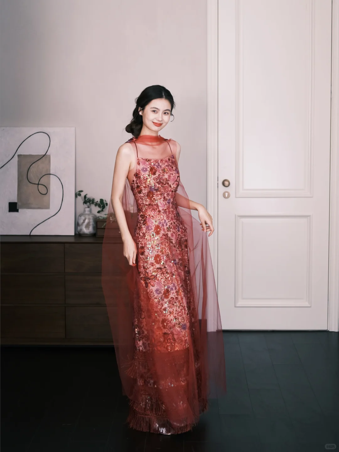 Floral Sequin Spaghetti Strap Evening Dress, Formal Gown with Red Tulle Cape NV7322
