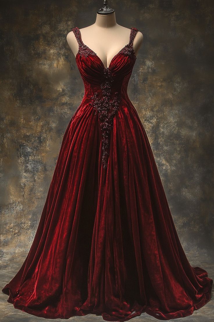 Burgundy gorgeous exquisite beaded applique A-line prom dress long velvet ball gown evening dress nv3367
