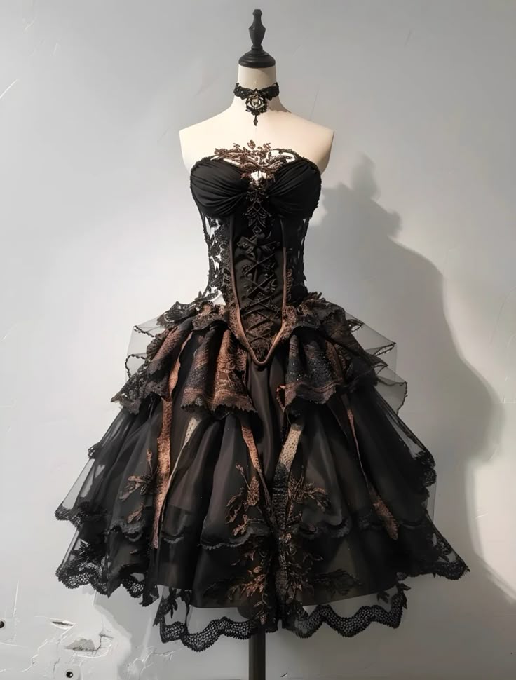 Robe bustier sans bretelles à corset et broderies en dentelle style gothique sombre - Robe Lolita rétro Dark Series NV6325
