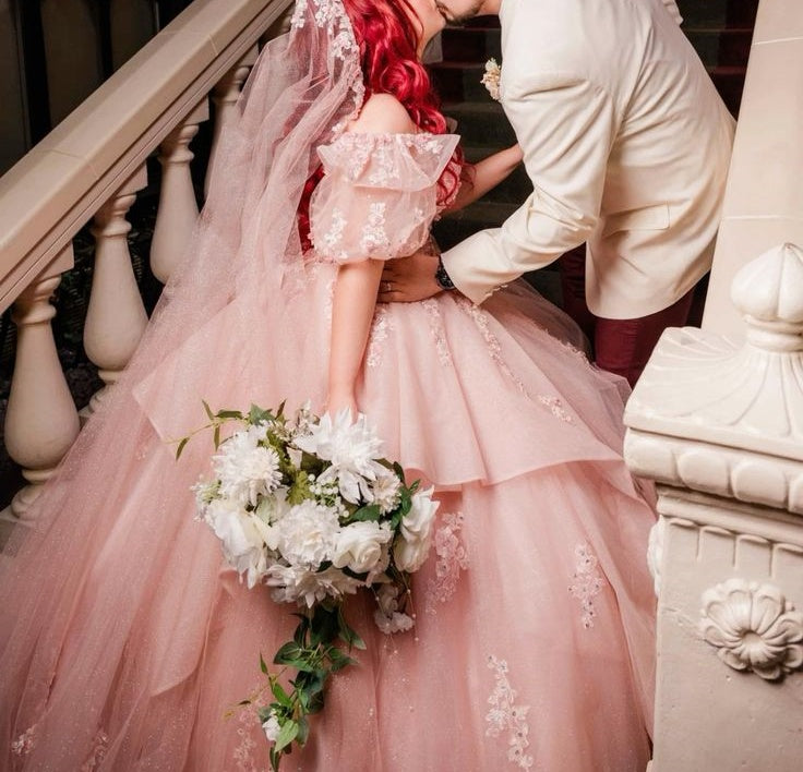 NiceVestidos--Pink exquisite lace floral long floor-length ball gown wedding dress NV5832