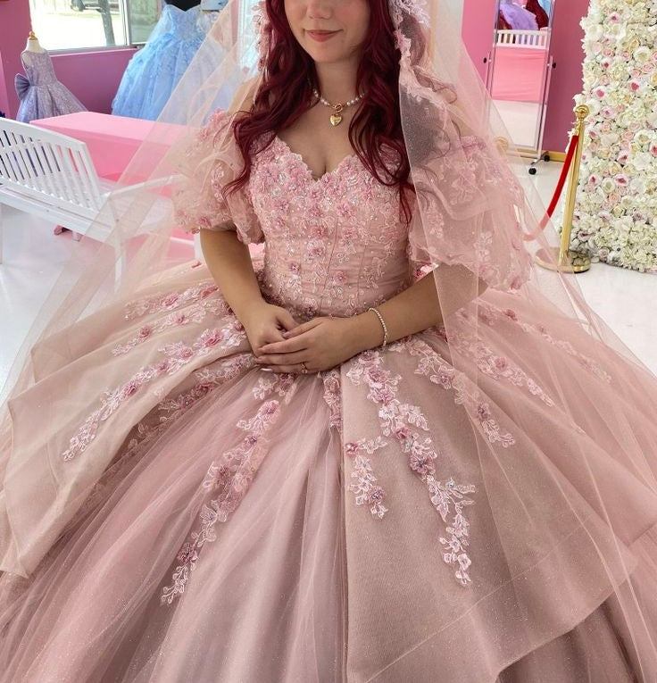 NiceVestidos--Pink exquisite lace floral long floor-length ball gown wedding dress NV5832