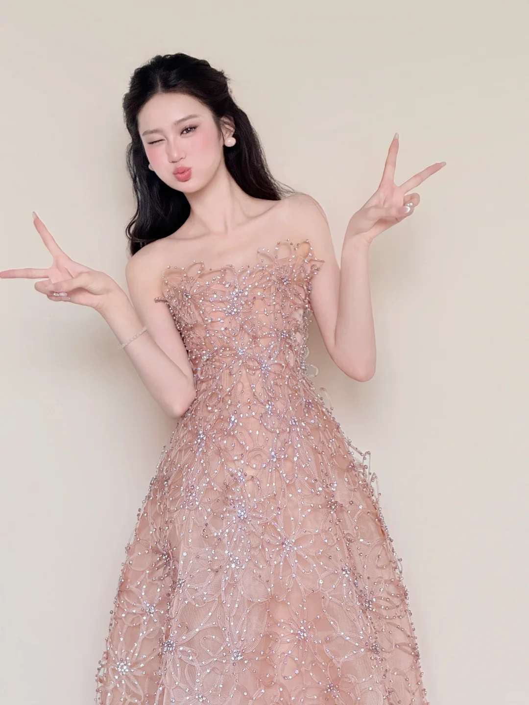 Nude Pink Strapless Spark Rhinestone Floral Midi Gown NV7431