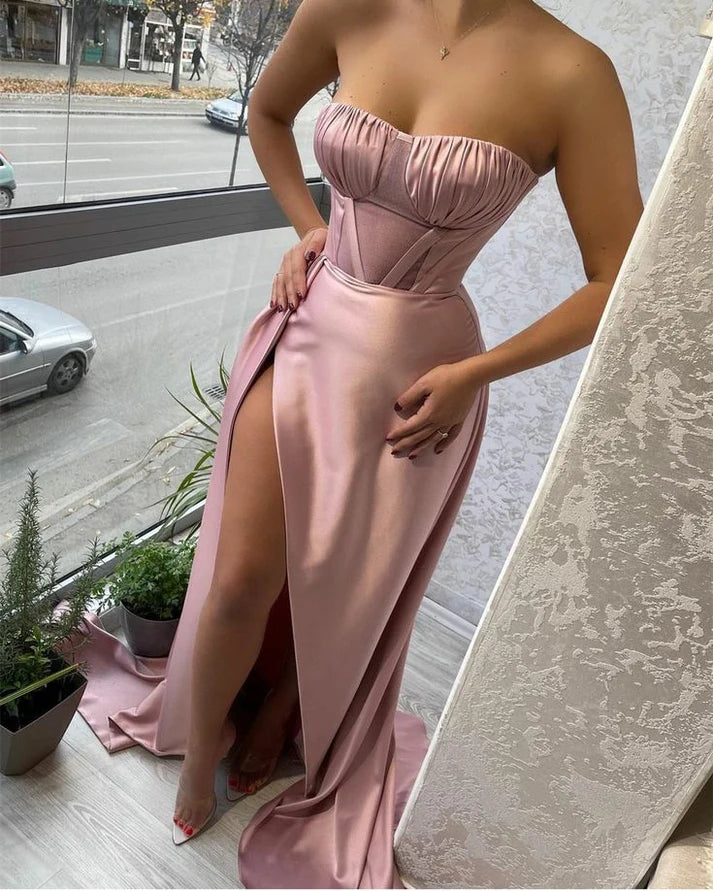 sheath trumpet strapless ruched satin long prom evening dress with slit nv1610