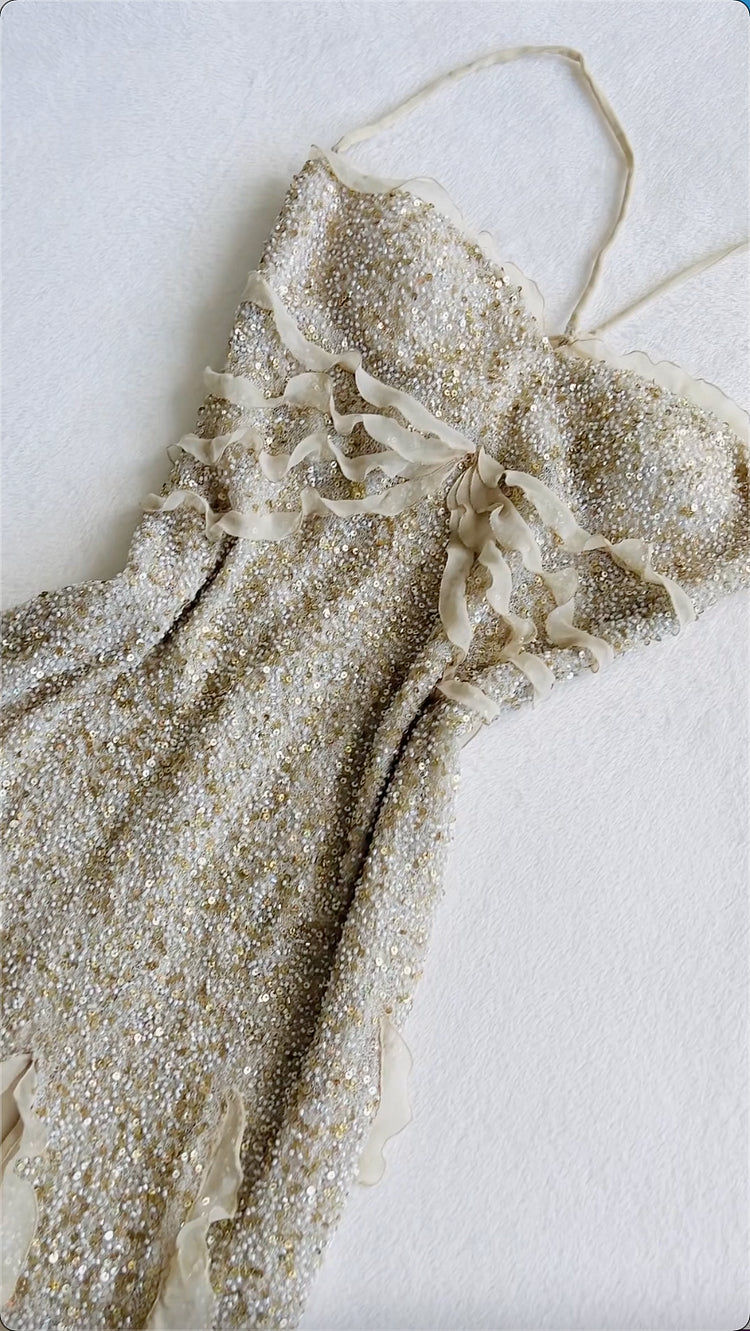 White gorgeous shiny elegant chiffon slit sexy long ruffled sequined ball gown evening dress party dress nv3542