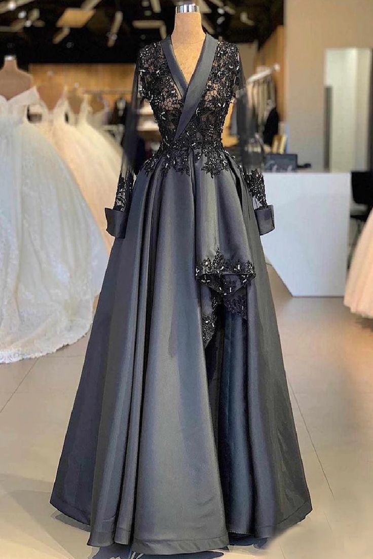 Dark Grey Vintage Lace Exquisite Beading Long Sleeve Long Satin Formal Prom Dress Evening Gown Party Dress nv3607