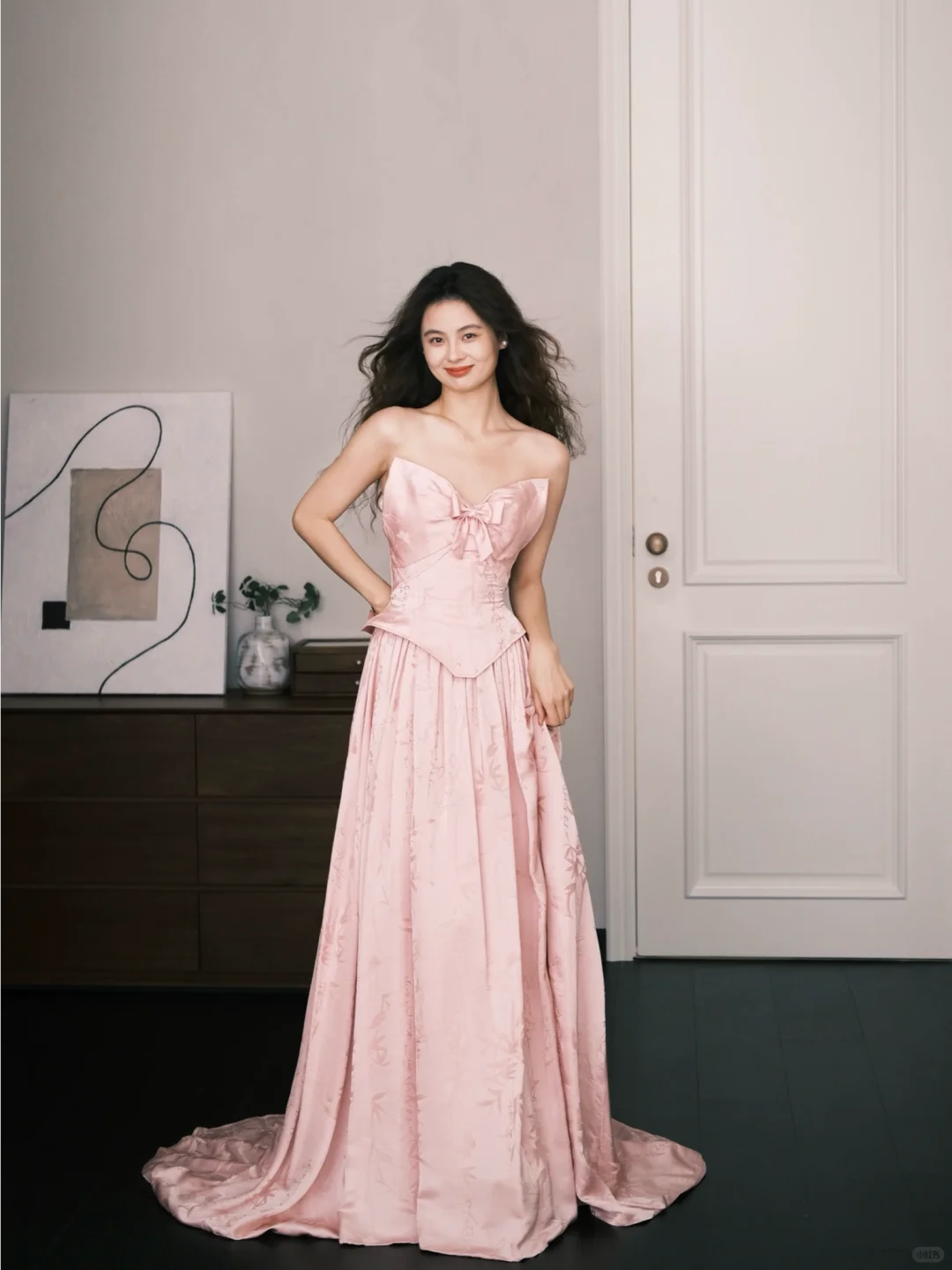 Strapless Dusty Pink Satin Jacquard Evening Gown, Bow Detail Corset Prom Dress with Train NV7388