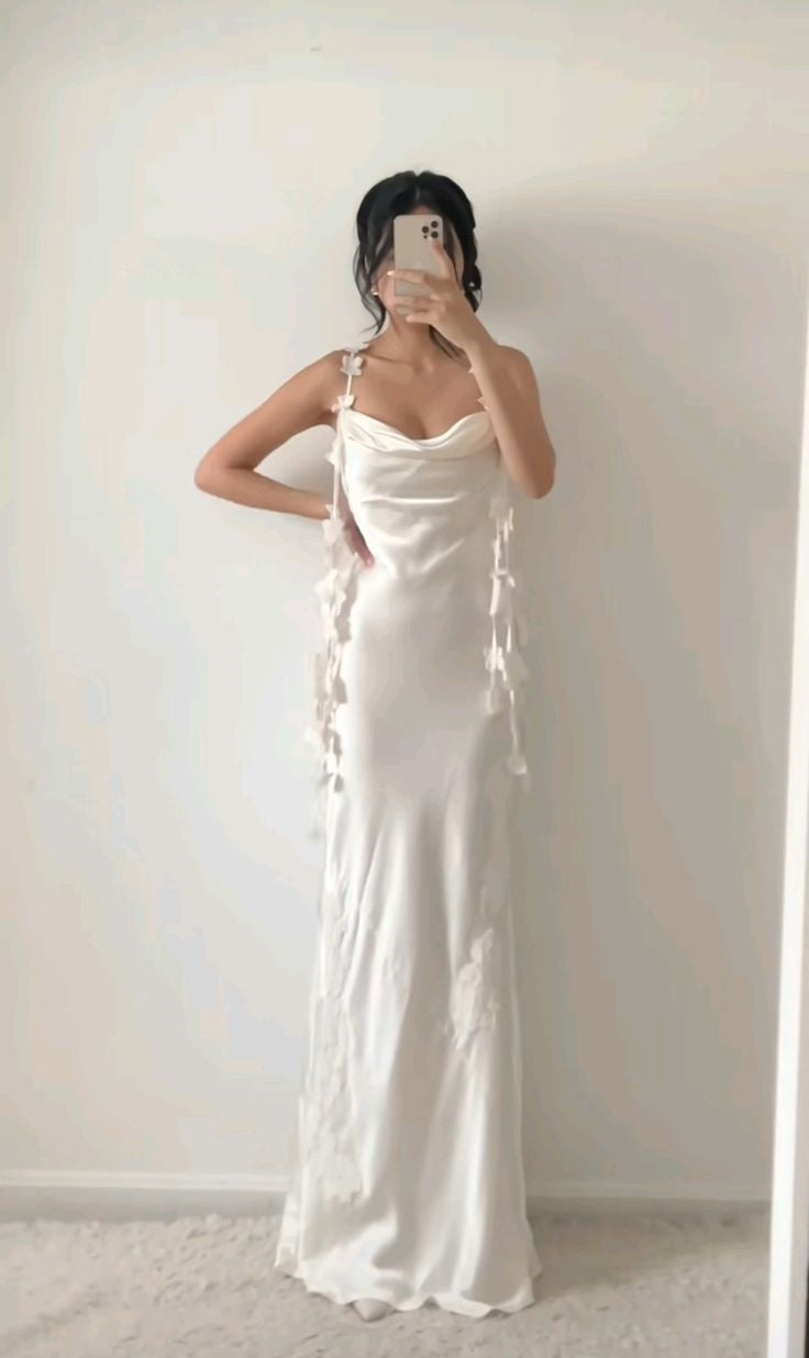 Robe de soirée longue en satin blanc ivoire à bretelles spaghetti, tenue de soirée unique, nv3450