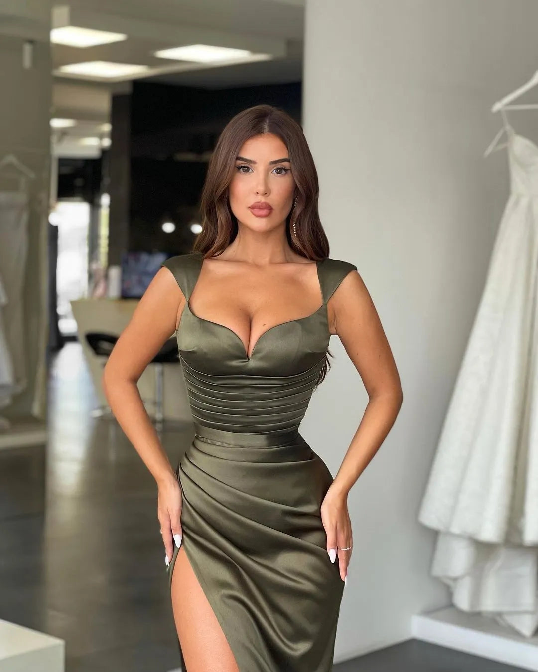 Elegant Olive Green Prom Dressessimple straps v-neck sleeveless high slit satin prom party formal dress nv1649