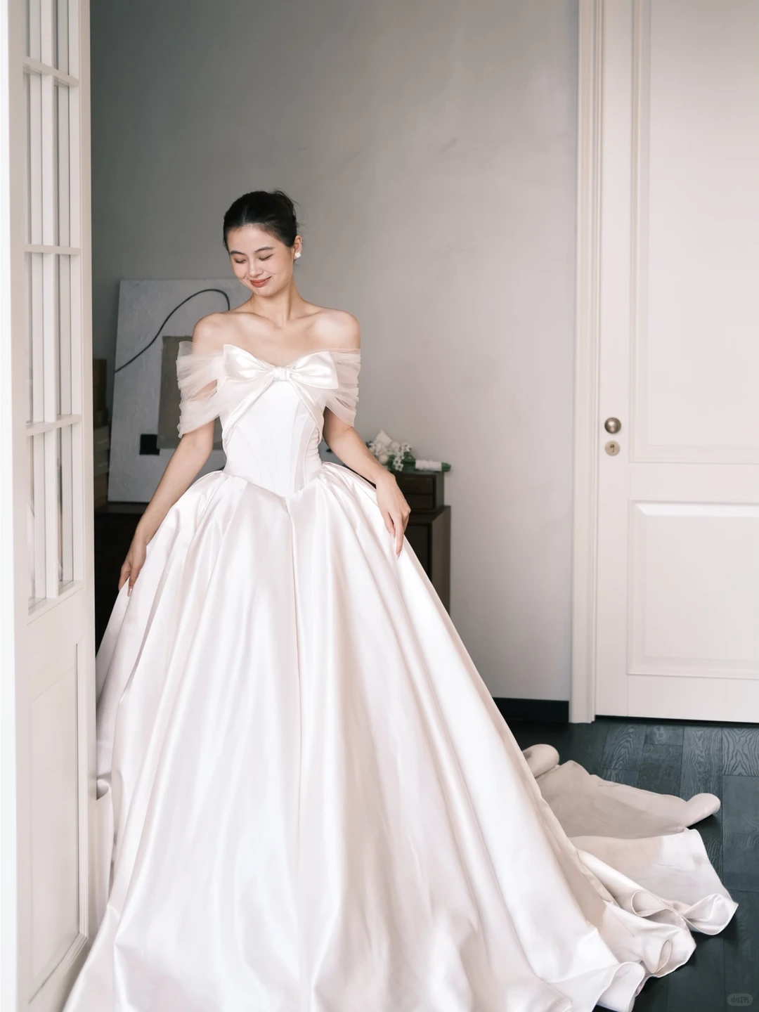 Off Shoulder Ivory Satin Wedding Gown, Tulle Sleeve Bow Corset Ballgown Bridal Dress NV7391