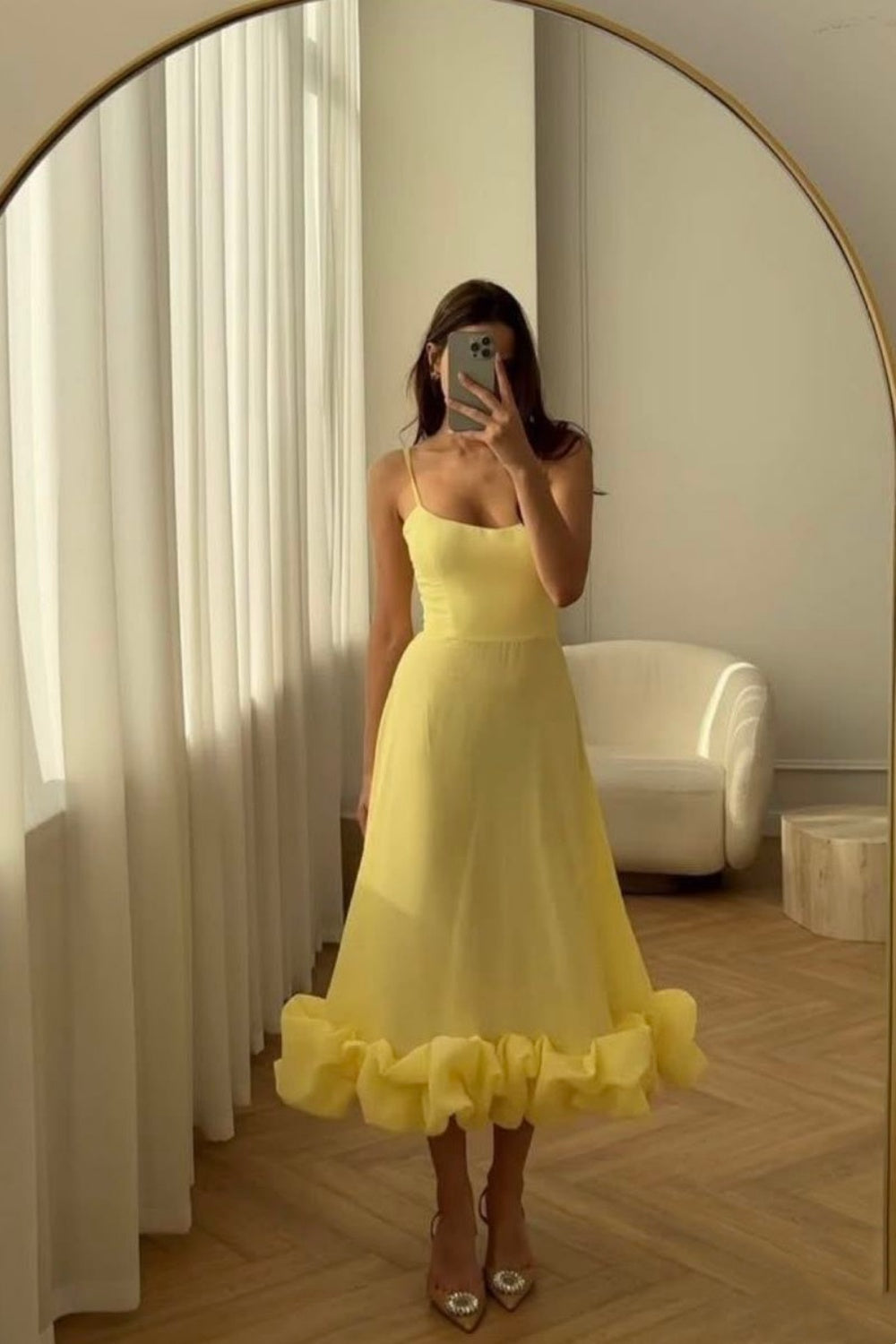 NiceVestidos--Light Yellow Spaghetti Strap Ruffled Hem French Elegant Midi Party dresses Evening Dress NV5902