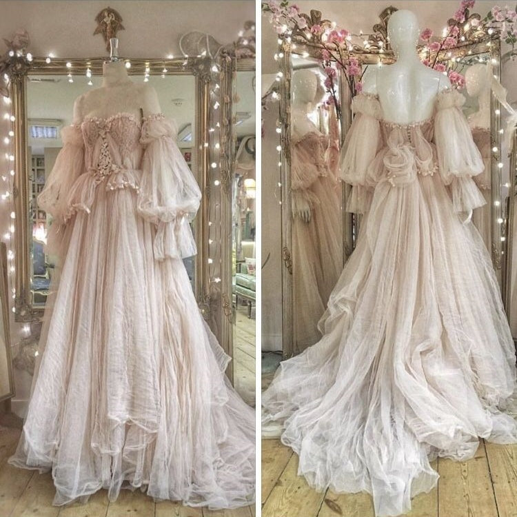 NiceVestidos--Enchanting Dreamy Tulle Gown with Puff Sleeves & 3D Florals NV5894