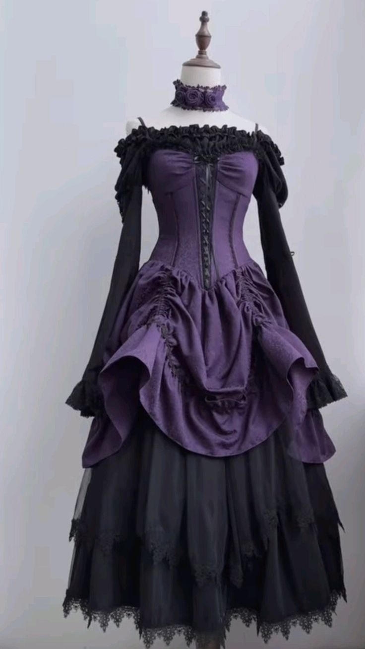 Robe Gothic Lolita à manches princesse contrastées violet et noir, taille baleinée, NV6225