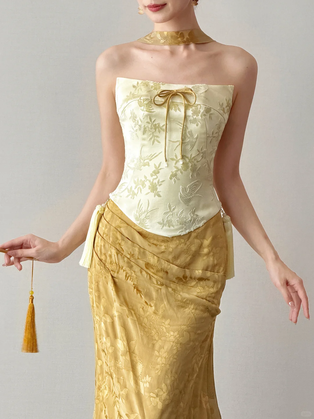New Chinese Two Piece Mermaid Evening Dress Strapless Jacquard Gown NV7115