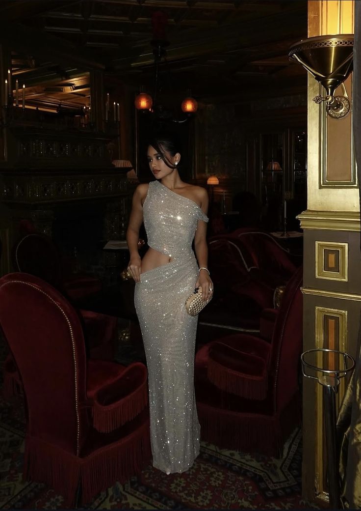 Silver Shiny Fashion Elegant One Shoulder Off Shoulder Waist Long Sequined Ball Gown Evening Dress Party Dress Prom Dress nv4023