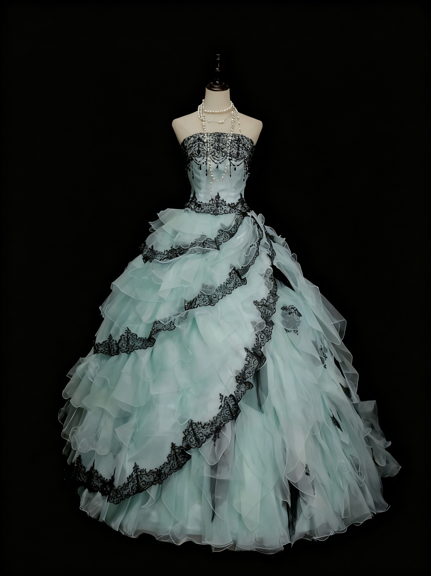Robe de cour vintage longue sans manches, à empiècements de dentelle noire et vert menthe, NiceVestidos NV6205