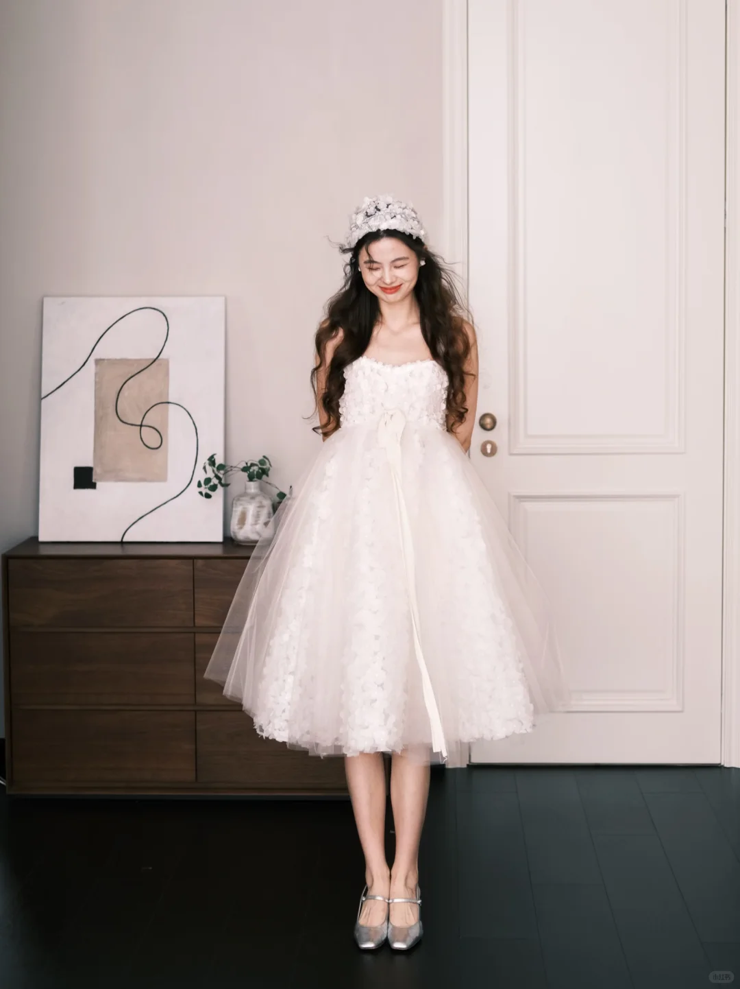 Square Neck 3D Floral Short Tulle Gown, Wide Strap Bridal Dress NV7263