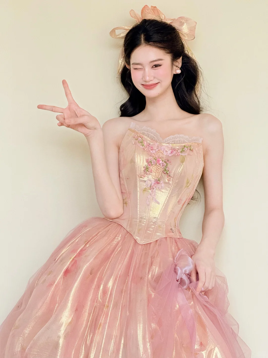 Strapless Pink Gold Corset 3D Rose Princess Ball Gown Prom Dress NV7419