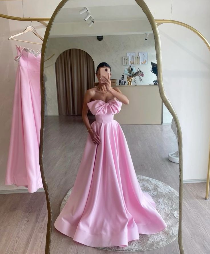 Rosa Schleife Einfaches Langes Ballkleid Abendkleid Hochzeits-/Geburtstagspartykleid A-Linie Schulterfrei Ärmellos Satin Damenkleid nv3054