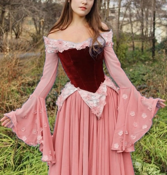 NiceVestidos-_Pink/Blue Long-Sleeved Velvet Tulle Long Dress NV6005