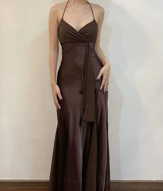 Brown Fashion Simple A-line Suspender Long Satin Formal Party Dress Ball Gown Evening Dress nv3621
